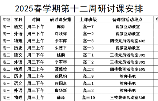  2025春学期第十二周研讨课安排表